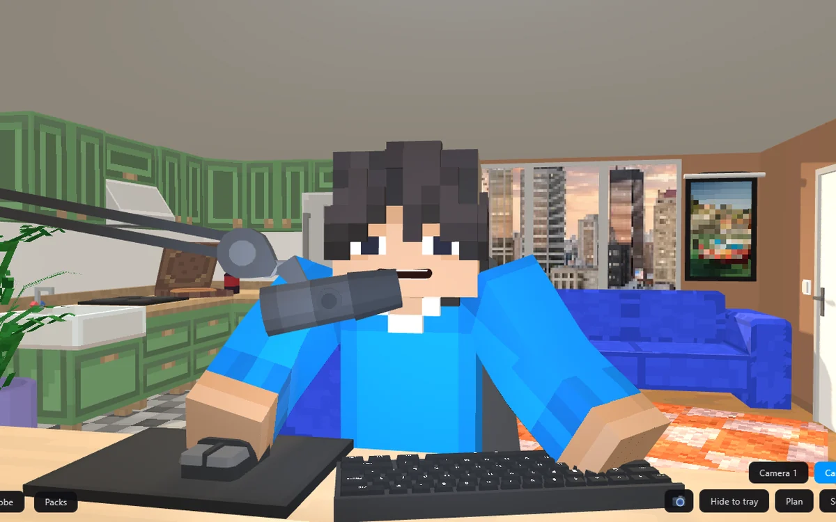 Pixelens : la fenêtre du logiciel, un personnage 3D à son bureau