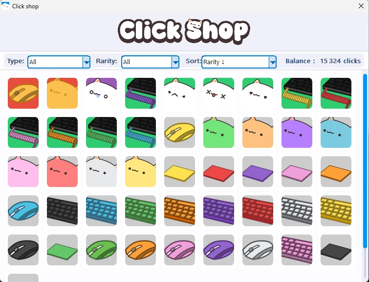Le Click Shop : une grille de chats, claviers, souris et tapis à débloquer
