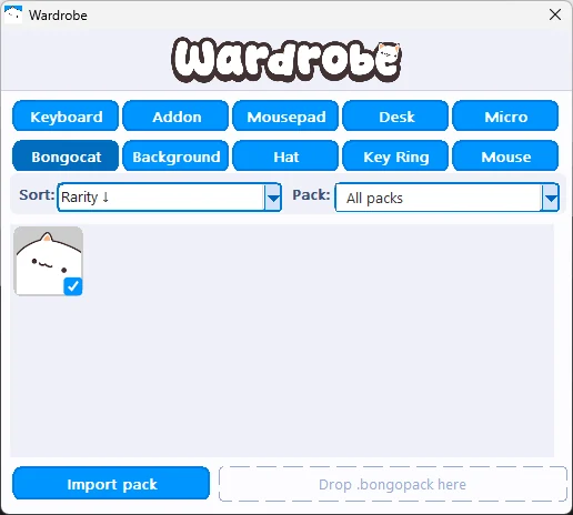 La fenêtre Wardrobe, avec ses catégories : clavier, accessoire, tapis, bureau, micro, chat, fond, chapeau, porte-clés, souris