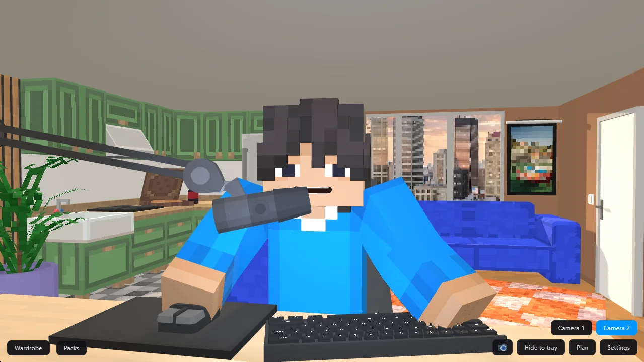 Pixelens : un personnage en sweat bleu, assis devant son clavier et son micro, dans une pièce aménagée